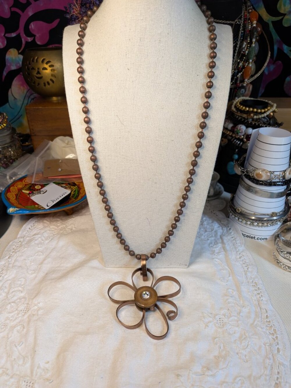 Vintage Coppertone Bead Necklace with Large Flower Pendant